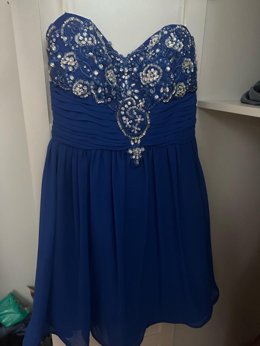 David's Bridal Royal Blue Beaded Strapless Midi Dress
